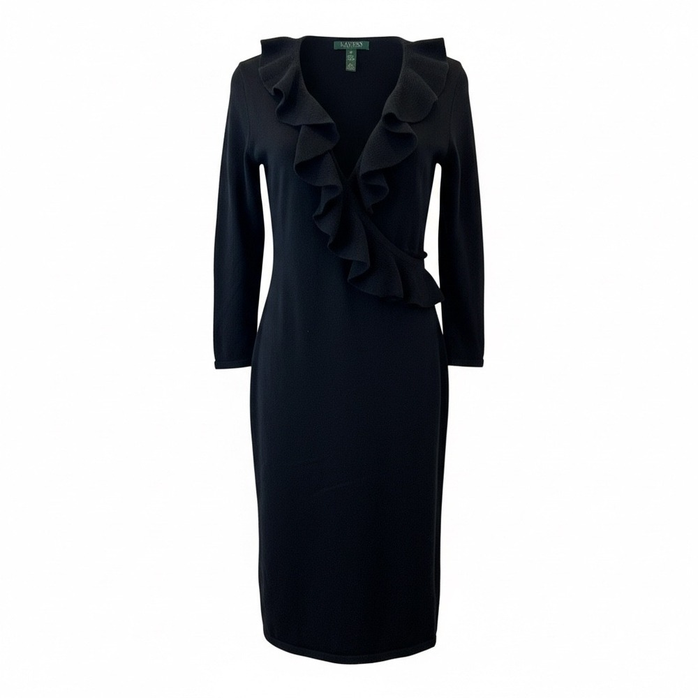 Lauren Ralph Lauren Black Ruffle Faux Wrap Crepe Knit Midi‎ Dress Women Small